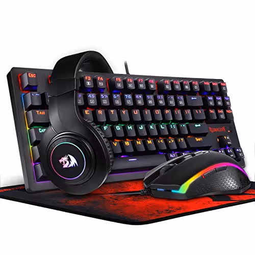 REDRAGON K552-BB Mechanical Gaming Keyboard and Mouse Combo & Large Mouse Pad & PC Gaming Headset (Red, with Headset + Keyboard + Mouse + Mouse Pad)